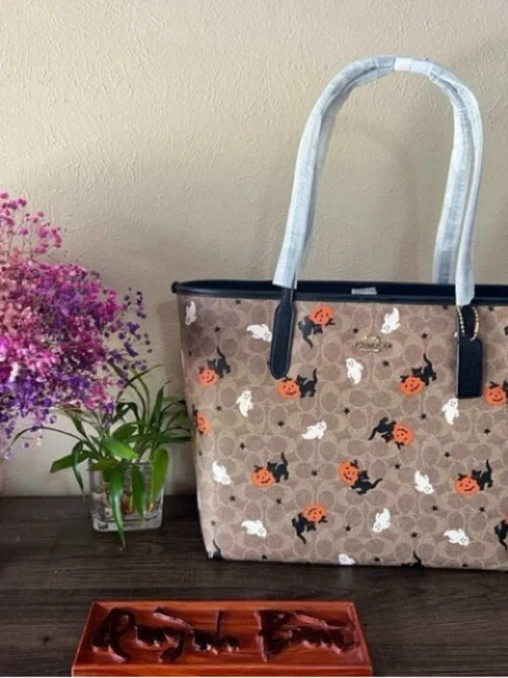 Coach Brown Signature Halloween Tote with Orange, White & Black Motif